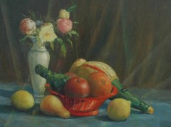 Vintage Oil on Board Still Life w/ Fruit, Flowers & Wine – Signed L. H. Benz