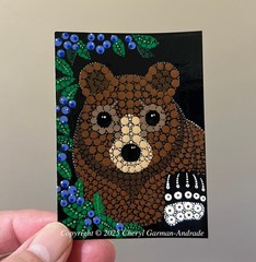 ACEO Original Dot Painting: Whimsical Bear Paw and Blueberries by Cheryl Andrade