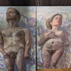 2 Original Contemporary Figurative Matching Oil Paintings Unsigned Nude Couple