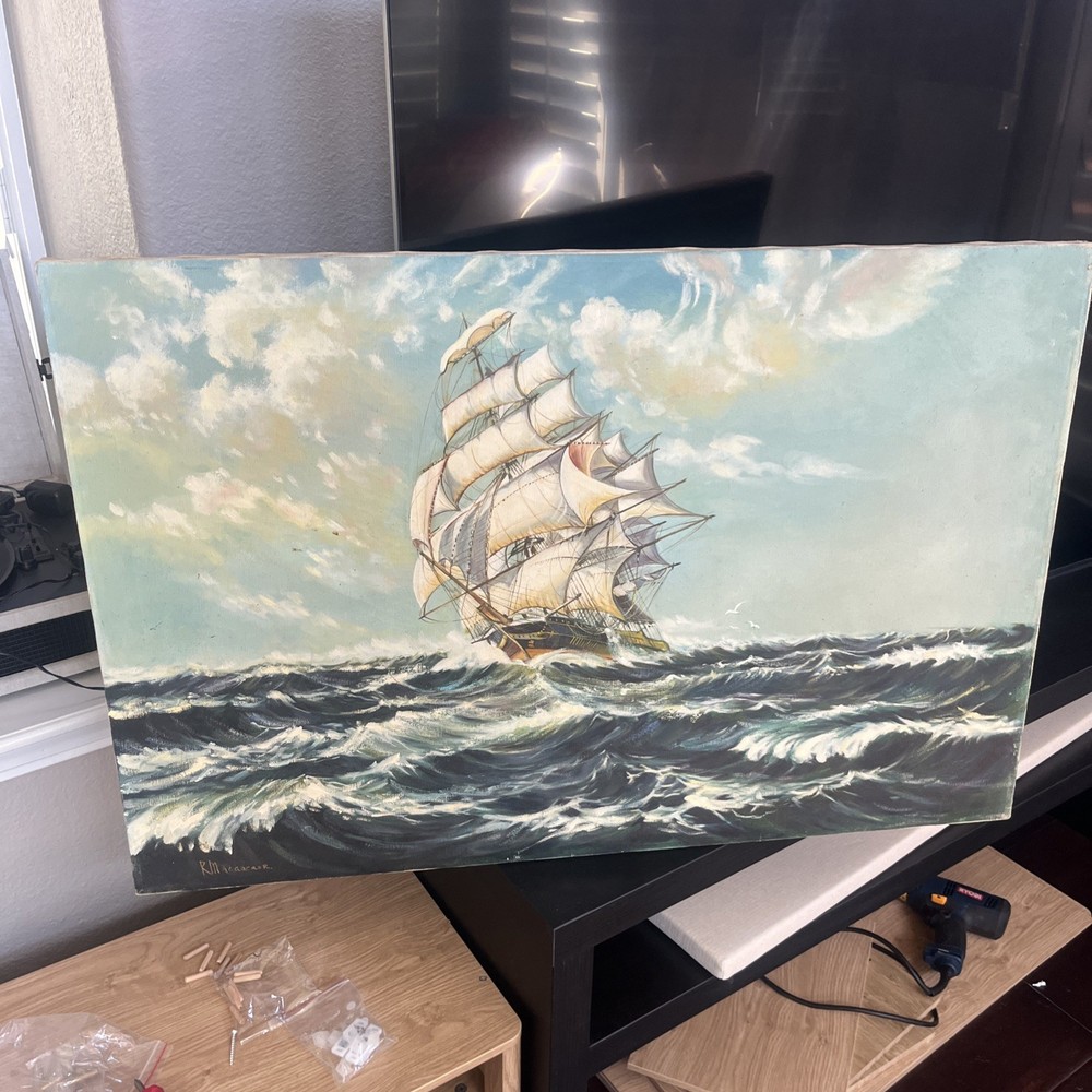 Large Vintage Oil Painting Sailing Ship in Rough Seas Signed Nautical