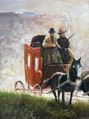 Vtg Stagecoach & Horses Oil Painting Signed Walter Framed & Matted 25×29 Western