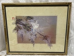 Vintage J. Cheng Chinese Gouache Painting on Silk Bird Flowers Faux Bamboo Frame