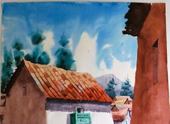 VINTAGE WATERCOLOR ON LARGE PAPER SIGNED MENDEZ SOUTH AMERICAN PERU CUSCO STREET