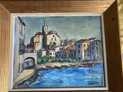 Oil Painting Mediterranean Port Church Old Town ° Unlesrlich Signed