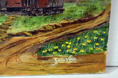 12″ Oil Painting 1960s Signed Sara Vines Old Wooden Cabin Forest View Trees