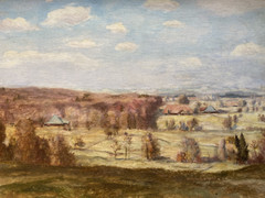 OIL PAINTING MONOGRAM R.M ° IN BEECHGGBERG FRAME ANTIQUE SWITZERLAND MEADOWS HOUSES NATURE