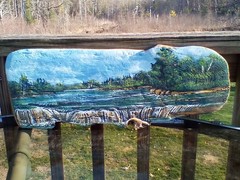 Folk Art painting on driftwood Ronda waterfalls wooded landscape cabin nature