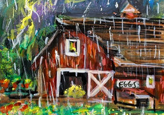 ACEO Original PAINTING Summer Old BARN Farm Rain TREES Storm Landscape ATC ART