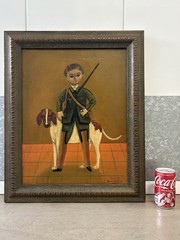 🔥 Vintage Mexican Folk Art Hunting DOG Boy RIFLE Portrait Oil Painting, LABIOS