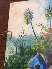 Vintage Mid Century Modern Painting Island Women Men Boats Houses Folk Art Rare