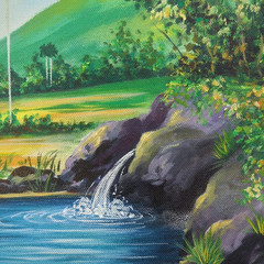 Vintage Cuban Folk Art Landscape Painting Tropical River Palm Trees Acrylic/Boar