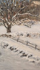 VTG Oil Painting Framed Landscape Snow with Christmas Tree and Barn Signed Art
