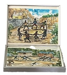 2 Vintage Jamaican Folk Art Watercolor Village Life Games Signed Canute Davis