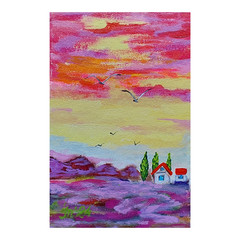 Lavender fields 2 Mountains Original Painting Semi-Abstraction Art Handmade 6×4