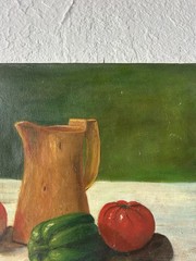 Antique Still Life Oil Painting Vegetables Tomatoes Peppers Primitive Farmhouse