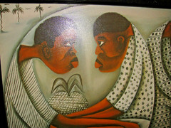 African Acrylic Painting On Canvas Signed Merla Men Women Staring Modernist