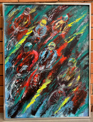 Vintage Abstract Bicycle Race Painting Canvas Board Framed Modern Wall Art 70s