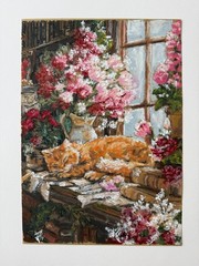 Orange Cat Original Art Still Life Wall Art Animal Oil Pastels Art Flowers Art
