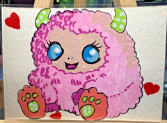 ACEO Original Acrylic Painting OOAK Signed (Not A Print) „Mini Monster“ Pink Art