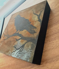 Small Art Abstract Black Crow Raven Painting on Wood Panel Shelf Sitter