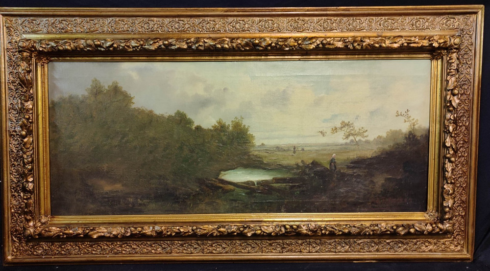 Old Painting Oil on canvas 82/34cm. (103/56cm.overall) by W.T.Nocken