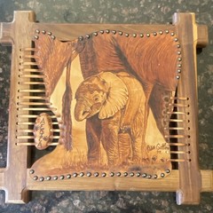 African Art Leather & Wood Elephant w/Calf