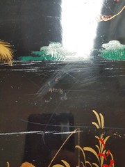 2 VTG Black Lacquer Gold Japanese Painting Wood Wall Art Plaque Signed