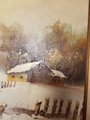 Signed Oil Painting On Canvas-Barn and Snow and trees -Framed C. Tommy