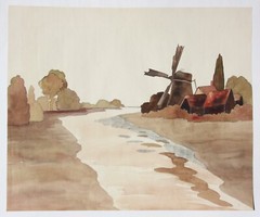 Wide River Landscape with Windmill, Watercolor, Art Nouveau, France c1900