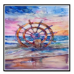 Watercolor Painting of Nautical Ship Wheel on Ocean Shore with Colorful Sunset