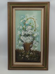 Vintage Floral White Daisies Painting Signed Hill Framed 19×30.75″