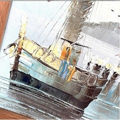 Vintage Boat Painting Canvas Signed Docked Harbor Framed Water Seascape Scenery