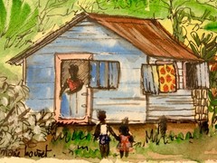 RARE Vintage ORIGINAL 1980s M Bouvet Mini SIGNED Caribbean Creole Cottage FRAMED