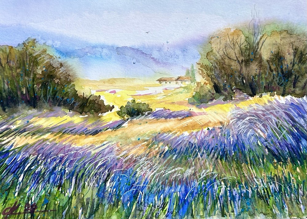 Lavender Field Watercolor Painting – Provence Landscape Artwork Original Art