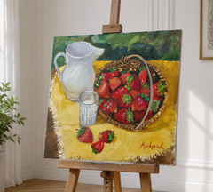 Strawberry Still Life Oil Painting Kitchen Wall Art Original Signed COA