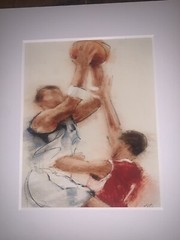 Original Vincent George Basketball Players Watercolor 13.25”W 16 3/8”T Framed