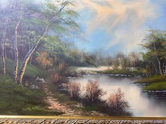 „River And Forest Landscape Scene“ Oil On Canvas Painting – Framed