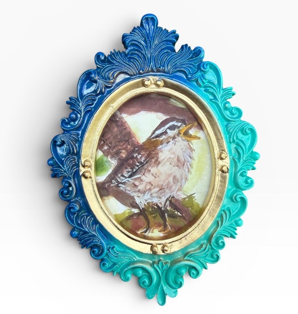 Wren mini watercolor bird print of original painting • vintage ornate frame