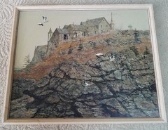 Rare Original Oil Painting Church on Cliff / Edward Arthur Anderson Mid Century