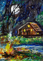 ACEO Original PAINTING Summer CABIN Camping Fire Night Stars Landscape ATC ART