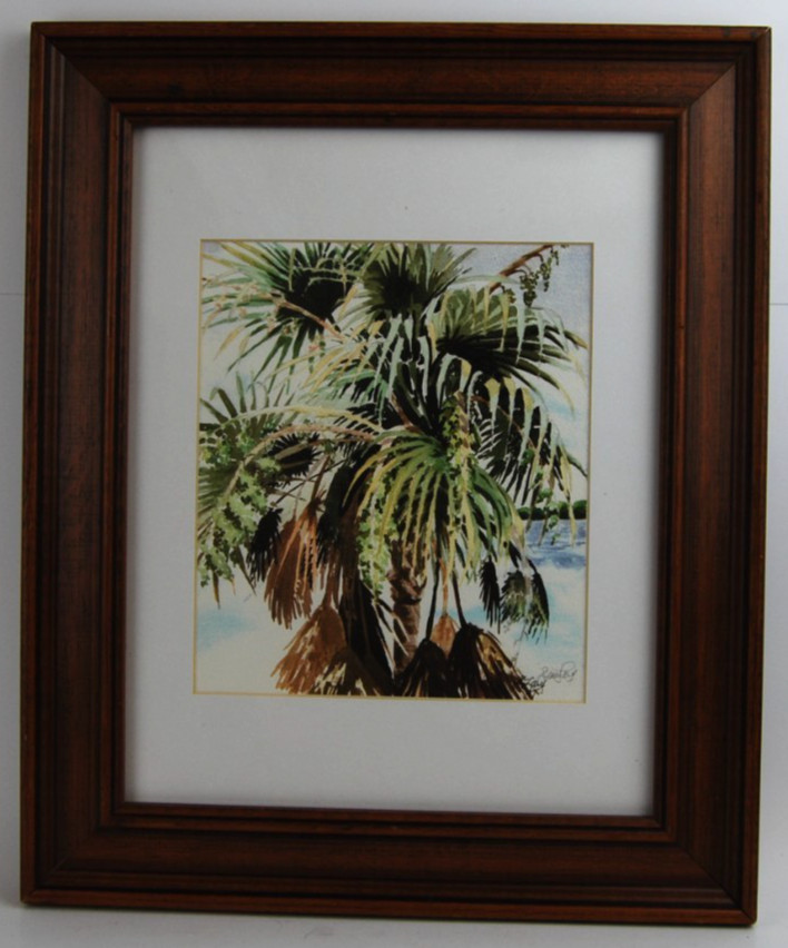 Vintage 1997 Framed Signed Diane Lary Watercolor Painting „Flamingo Palm“ 8X11