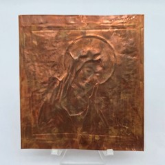 Copper Embossed Religious Artwork Signed KAH 86 Virgin Mary Design 4″x4.5″ Panel