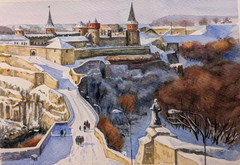 Winter Old City Watercolor Painting Historic European Town Castle Snowy Road Art
