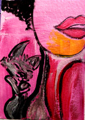 ORIGINAL ACEO PAINTING WOMAN CAT BLACK KITTEN Miniature Card By Carole Collins