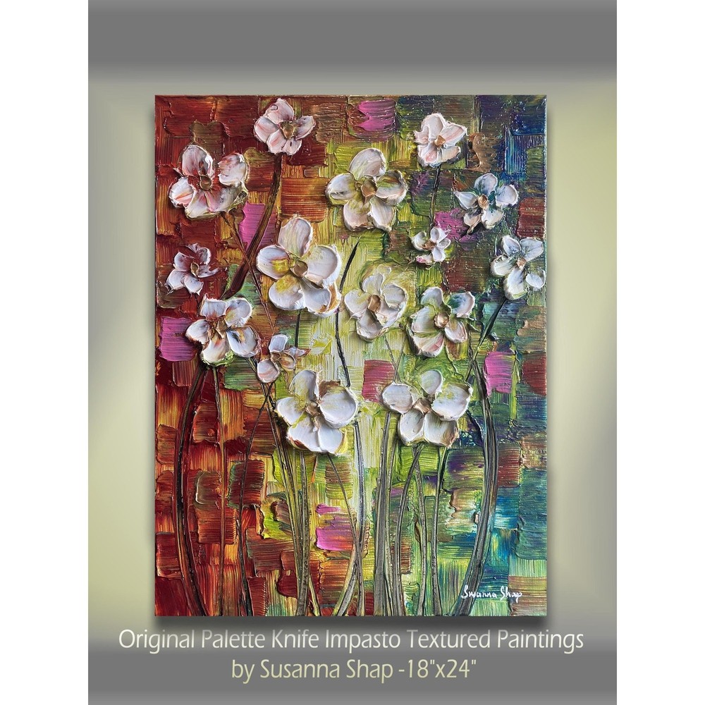 Original Palette Knife Abstract textured white flowers Painting 18″x24″