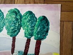 French 1940s Watercolor Gouache Painting Landscape Trees Farm 1947 12 x 19