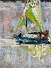 Original Pastel Painting, Sailing Coastal Scene, A4 Nautical Wall Art, Signed