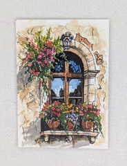Original ACEO Watercolor Painting OOAK Miniature Art Window Flower Reflection