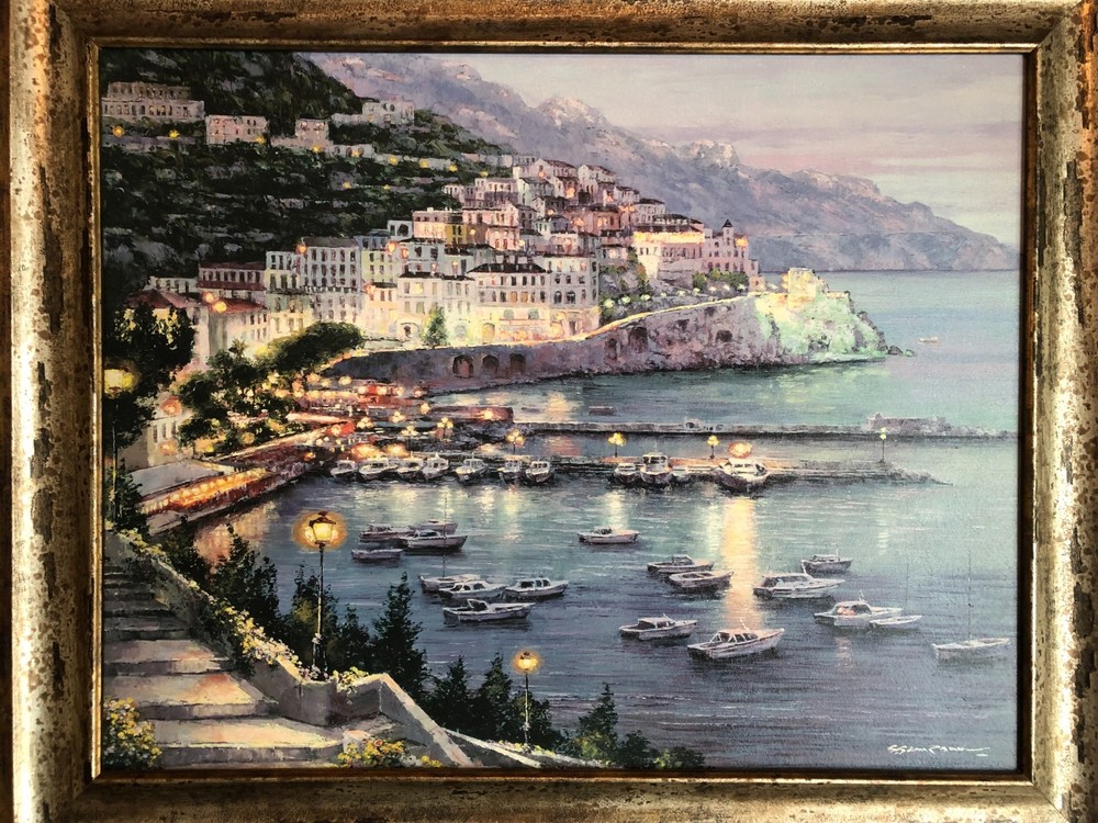 S. Sam Park „Twilight at Amalfi“ Hand Embellished Serigraph on Canvas Framed