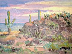 Phil Hulebak Listed NM Artist Plein Air Desert Scene Cactus Oil Painting Ex Cond